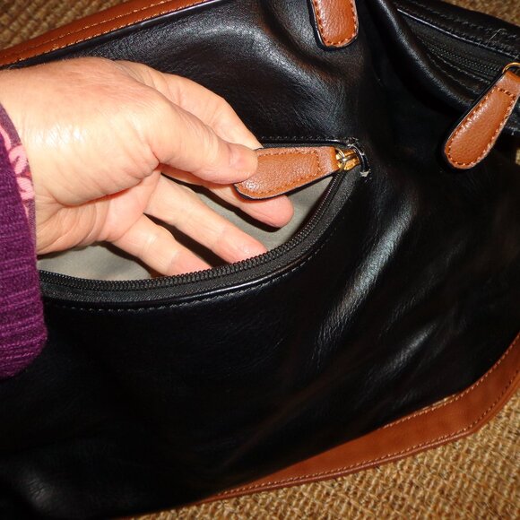 Kelly & Katie Satchel Bag Black/Tan Double Adj. Handle Straps Zip/Snap Closure - Picture 7 of 14